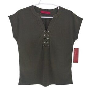 Love Scarlett Olive Green Lace-Up V-Neck Short Sleeve Women's Shirt Size L
